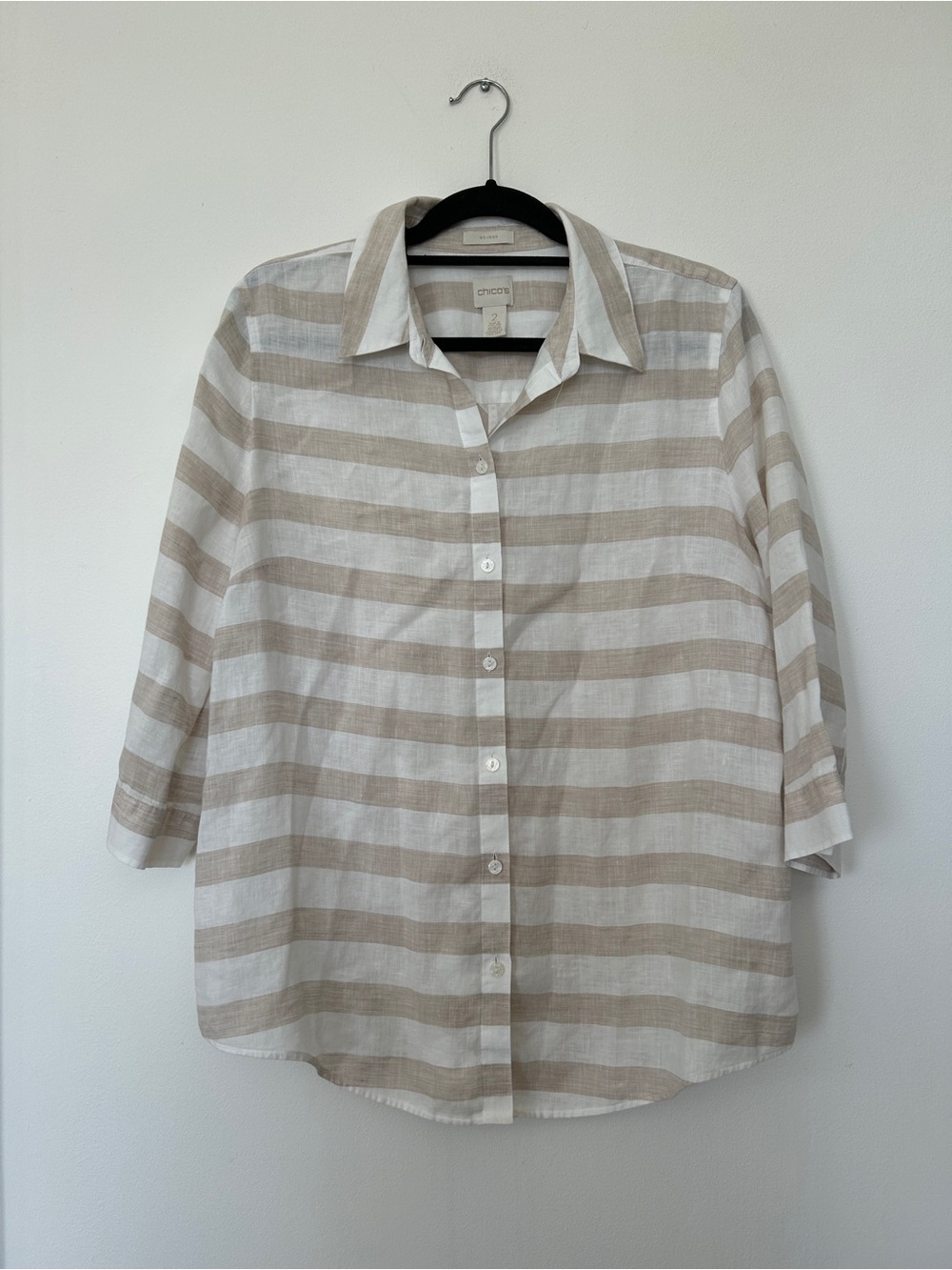Chico's Linen Beige and White Striped Button-Down Shirt